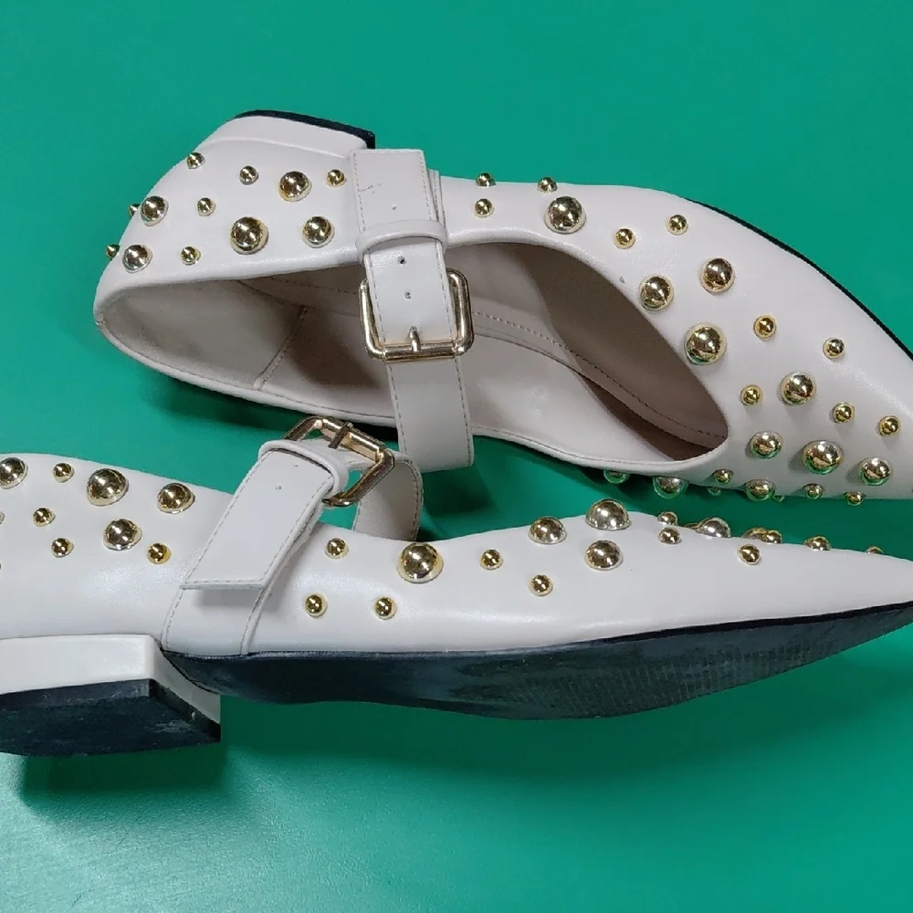 White Mary Jane Flats with Gold Stud Accents - Picture 3 of 7